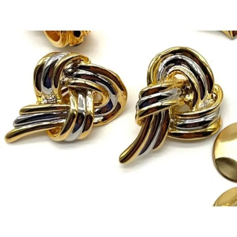Vintage 80s Silver Goldtone Clip On Knot Earrings 1.75in